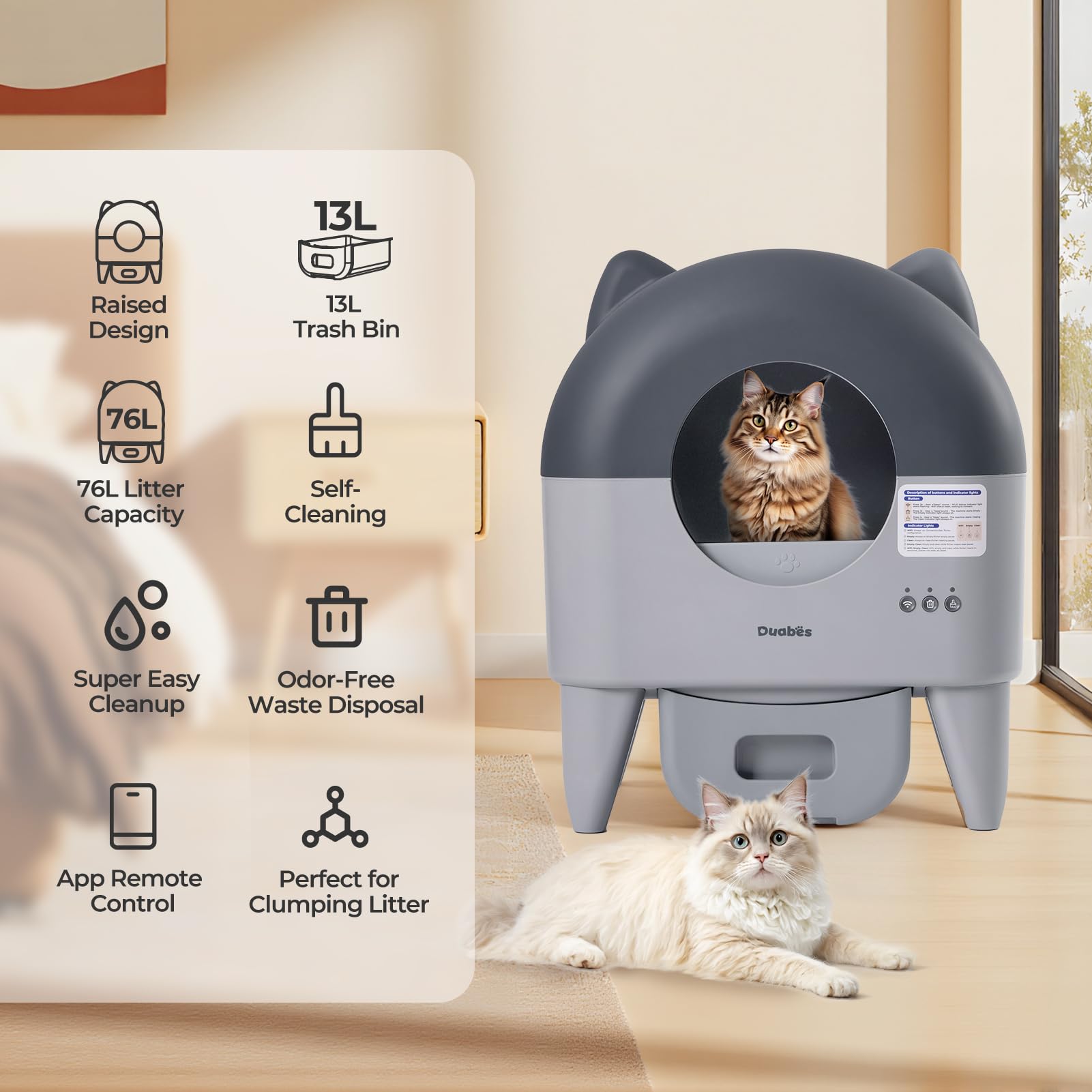 Self-Cleaning Cat Litter Box For Multiple Cats - Extra Large Automatic Odor Control With App Monitoring, Safety Sensors & Low-No